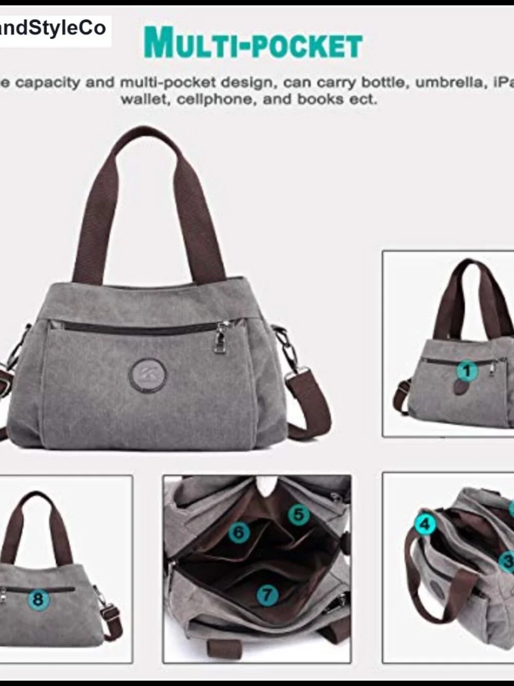Canvas Hobo Crossbody Bag Multi Compartment Zip Pockets